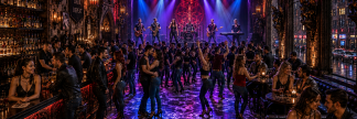 AI-generated concept artwork of the interior of Dark Val, a Gothic-themed nightclub with a large central dance floor, a live rock band performing on stage, an elevated DJ booth above the stage, a long bar on the left, intimate window-side tables on the right, and couples dancing and socializing beneath dramatic Gothic lighting.